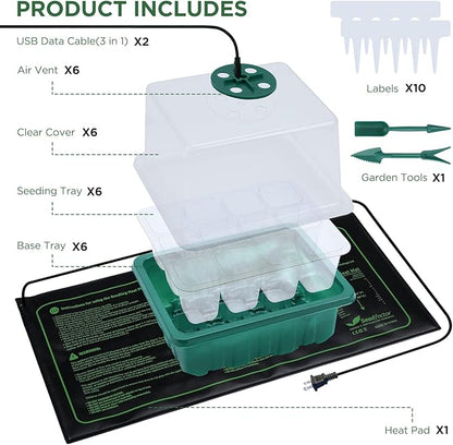 Seedfactor 7-Pack Seed Starter Kit with Grow Light (12 Cells per Tray), Plant Germination Trays with Adjustable Humidity Dome Seed Trays Seedling Starter with Base Trays for Germination