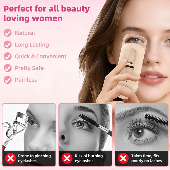 Heated Eyelash Curler,Portable Electric Heated Lash Curler Type-C Rechargeable Travel Eyelash Curlers with Heat Sensitive Silicone Pad,2-Level Adjustable Temp and Long-Lasting Natural Curves (Beige)