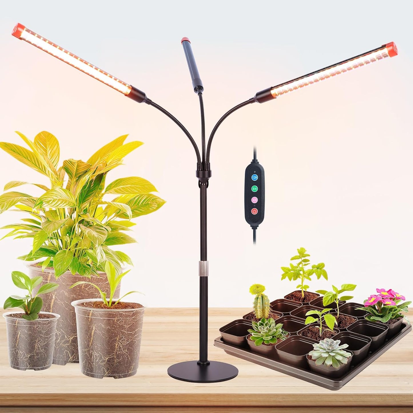 3-Head Table Top Grow Lights for Indoor Plants, Seed Starting, Bonsai with Timer, 27W Power Home Plug, FECiDA 2025 Full Spectrum Plant Growing Lamps, 16"-24" Height Adjustable