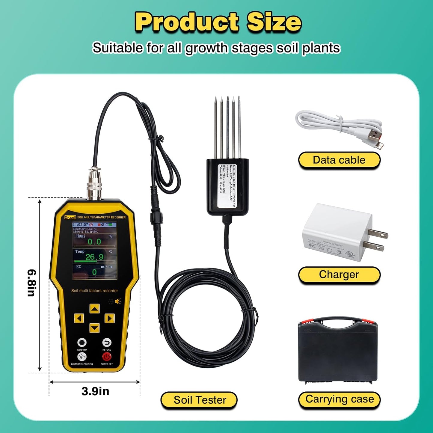 New 7 in 1 Soil Tester with LCD Display, Nitrogen Phosphorus Potassium NPK Tester, Handheld Soil PH Meter Kit, Temperature, Conductivity, Moisture, EC Meter for Agriculture and Surveying