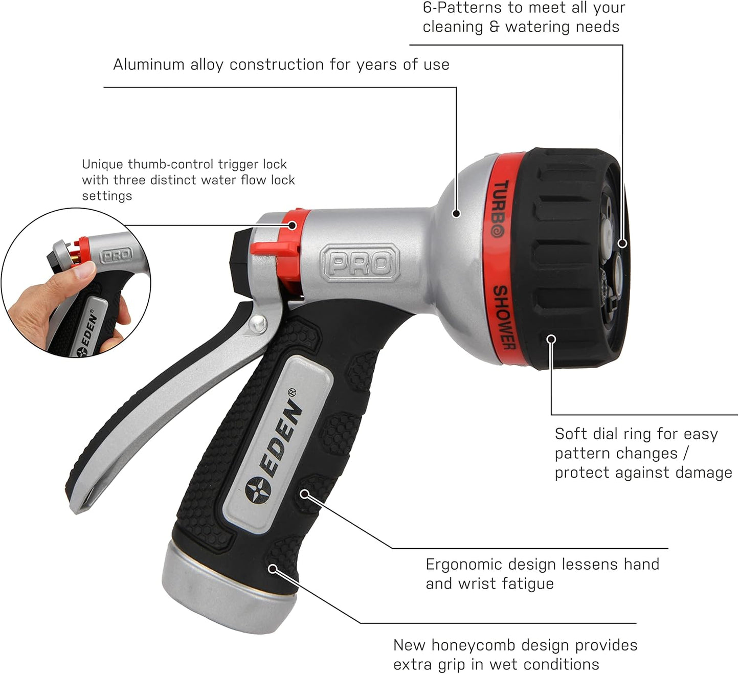 Eden PRO 94830 Metal Rear Trigger 6-Pattern Turbo Nozzle, Heavy Duty Hose Sprayer for Garden, Plants, Lawns, Quick Connect Set Included