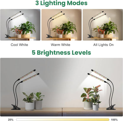Garpsen Grow Lights for Indoor Plants, 2 Heads Full Spectrum LED Plant Grow Lights, 40 LEDs Clip on Plant Light for Small Plants with Auto on/Off Timer Setting(6/12/16H), 5 Level Dimmable
