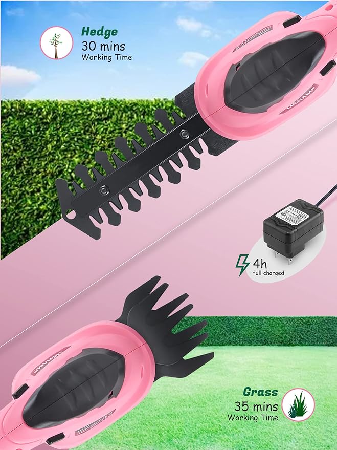 Lichamp 2-in-1 Electric Hand Held Grass Shear Pink Hedge Trimmer Shrubbery Clipper Cordless Battery Powered Rechargeable for Garden and Lawn, CGS3601PK Pink