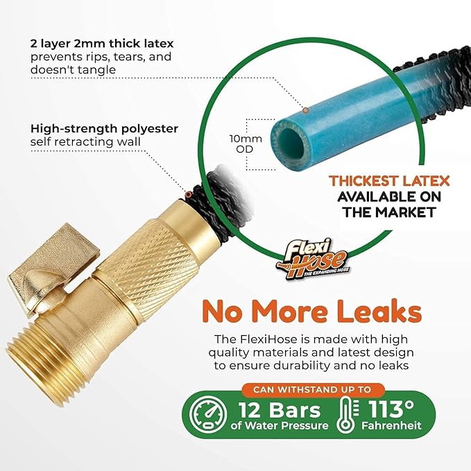 Flexi Hose with 8 Function Nozzle, 75FT - Lightweight Expandable Garden Hose, No-Kink Flexibility, 3/4 Inch Solid Brass Fittings and Double Latex Core