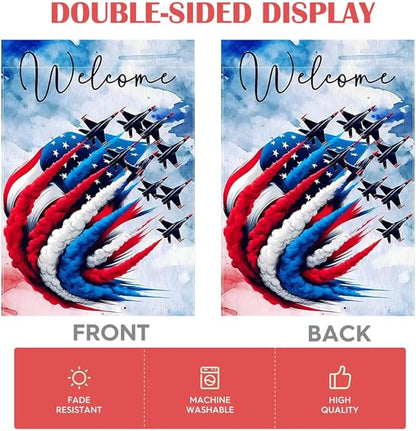 Patriotic Garden Flag 12x18 Inch Double Sided Outside, USA 4th of July Memorial Day Independence Day Watercolor Yard Outdoor Decoration(Fighter jet)