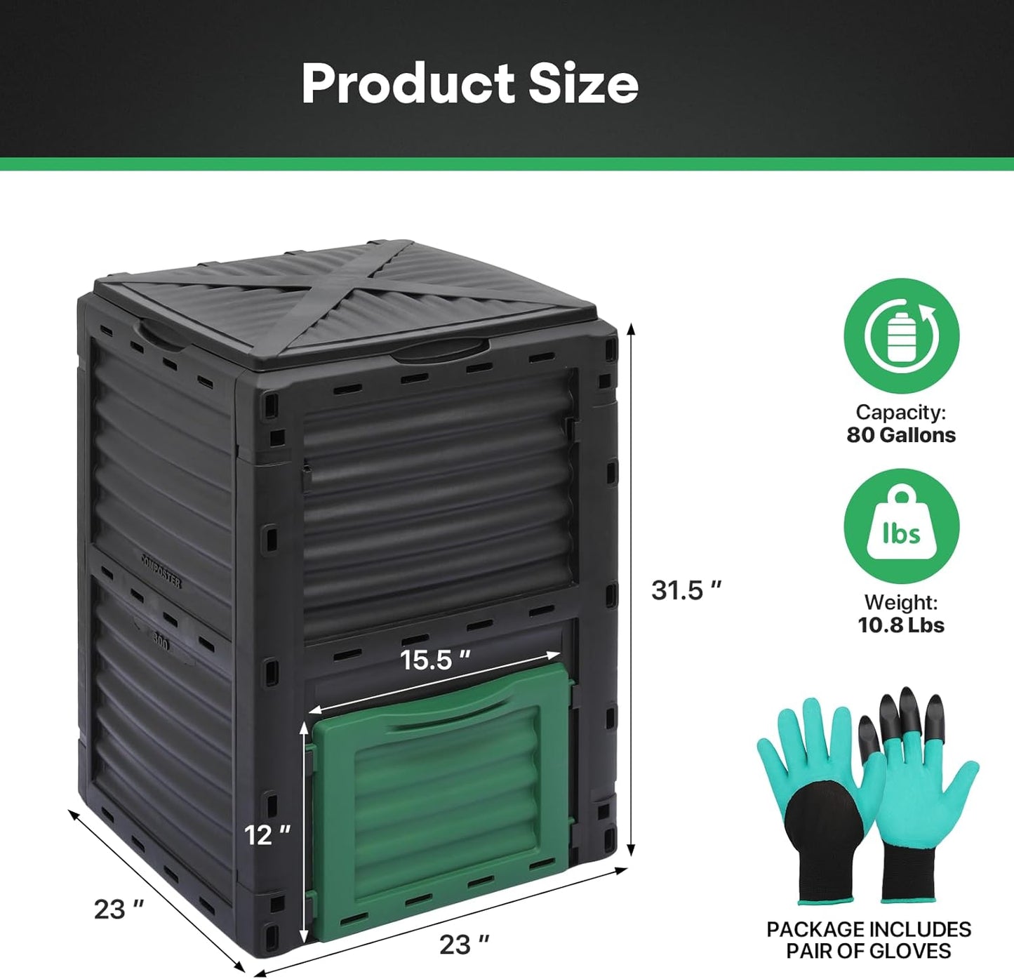 Athena Collection Compost Bin, 80 Gallon (300L) Large Outdoor Composter with Snap-On Lid & Aeration Vents, Easy to Assemble, Durable Outdoor composting Bins for Garden, Yard and Outdoor Use