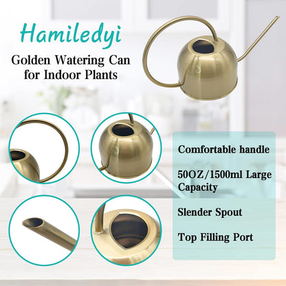 Hamiledyi 50 oz/1500 ml Stainless Steel Watering Can with Long Spout Metal Watering Can Indoor Outdoor Flower Watering Pot for Garden Orchid Bonsai Office Desk Plants (Golden)