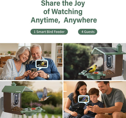 Smart Bird Feeder with Camera Solar Powered Outdoor - 2K HD Live Video, AI Bird ID, Squirrel-Proof, Instant Alerts & IP65 Weatherproof Outside, Great Gift for Familys & Friends