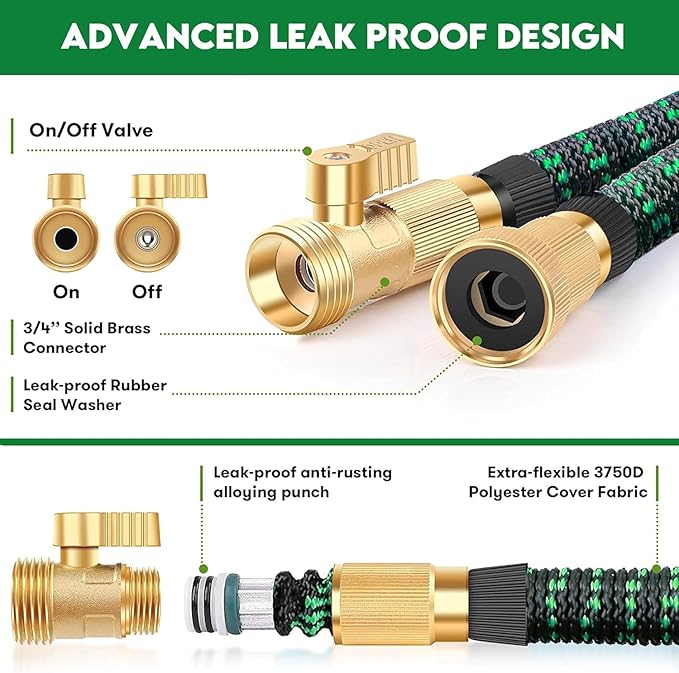 100 ft Expandable Garden Hose - Kink Free Flexible Water Hose with Thumb-Controlled 10-Function Nozzle, 3/4 Solid Brass Connectors, Retractable Latex Core - Lightweight Expanding Hose