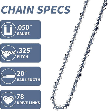 4 Pack 20 Inch Chainsaw Chain .325" Pitch .050" Gauge 78 Drive Links Fit Craftsman S205/CMXGSAMY462S, PP4620AVX, Echo CS-490, CS-440, 20BPX78CQ, Milwaukee M18 FUEL, Husqvarna and More