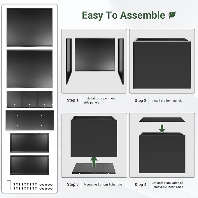 Metal Planter 30" x 12" x 24", Tall Box With Removable Insert Shelf, Black Steel Heavy Duty for Porch, Garden, Patio, Yard