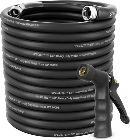 SPECILITE 5/8" Hot/Cold Garden Hose 200 ft with Industrial High Pressure Nozzle, Flexible & Lightweight, 600psi Burst Rubber Water hose -50℉-158℉ With 3/4"Stainless Steel Fittings for Yard, Black
