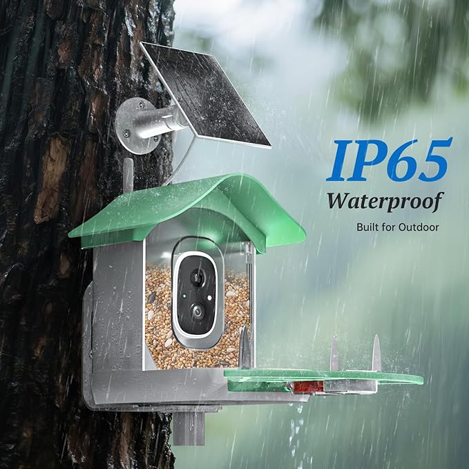 Smart Bird Feeder with Camera, 2K HD AI Identify Birds Species, Bir d Watching Camera with Solar Panel, Instant Notifications, Ideal Present for Bir d Lover, Grass Green