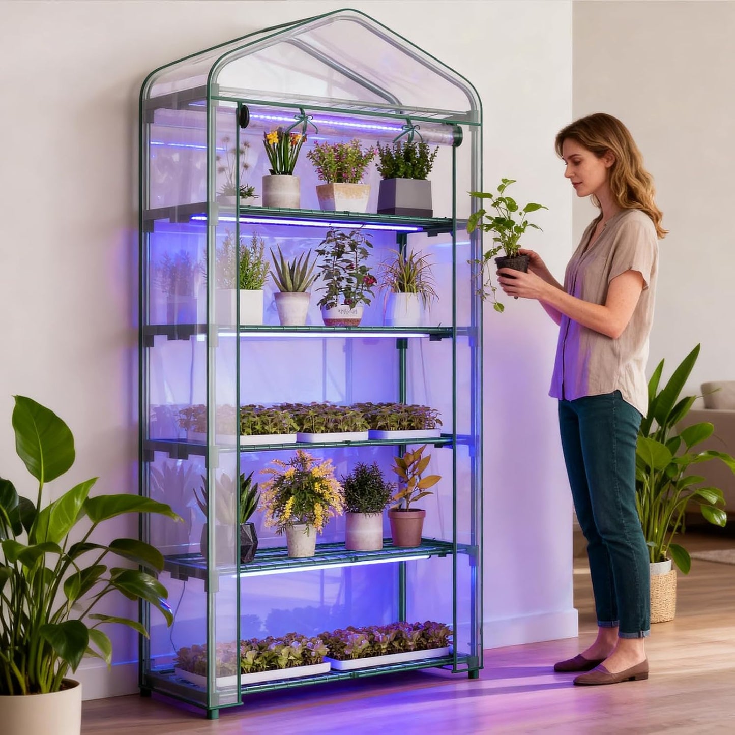 Indoor Greenhouse with Grow Light, 5-Tier 35.4"x19"x74.8" Mini Greenhouse with Roll-Up Zippered PVC Cover for Seed Starting Trays, Dimmable Grow Light Shelf for Indoor Plants with Timer