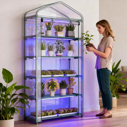 Indoor Greenhouse with Grow Light, 5-Tier 35.4"x19"x74.8" Mini Greenhouse with Roll-Up Zippered PVC Cover for Seed Starting Trays, Dimmable Grow Light Shelf for Indoor Plants with Timer