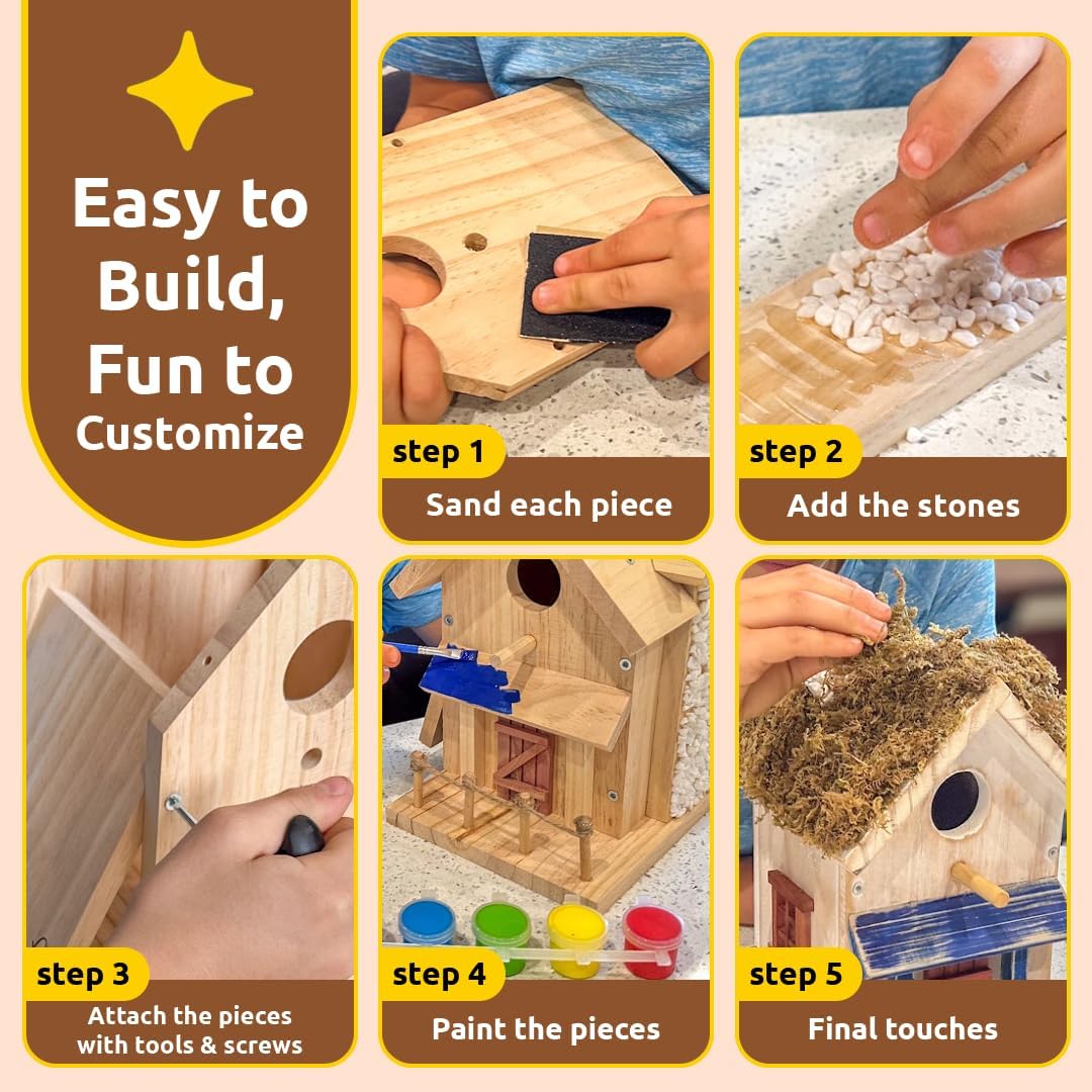 SparkJump Cottage Birdhouse Kit - Easy DIY Bird House for Outdoors, Cedar Roof & Front Porch, Natural Stones, FSC Certified Wood, Fun Family Crafting Project