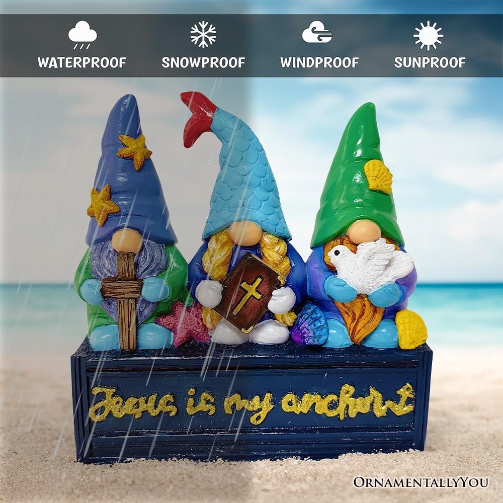 OrnamentallyYou Spring & Summer-Themed Garden Statues – Adorable Outdoor Decor for Lawn, Patio & Porch (Nautical Themed Religious Gnome Figurine, Jesus is My Anchor 6" Beach House Statue)