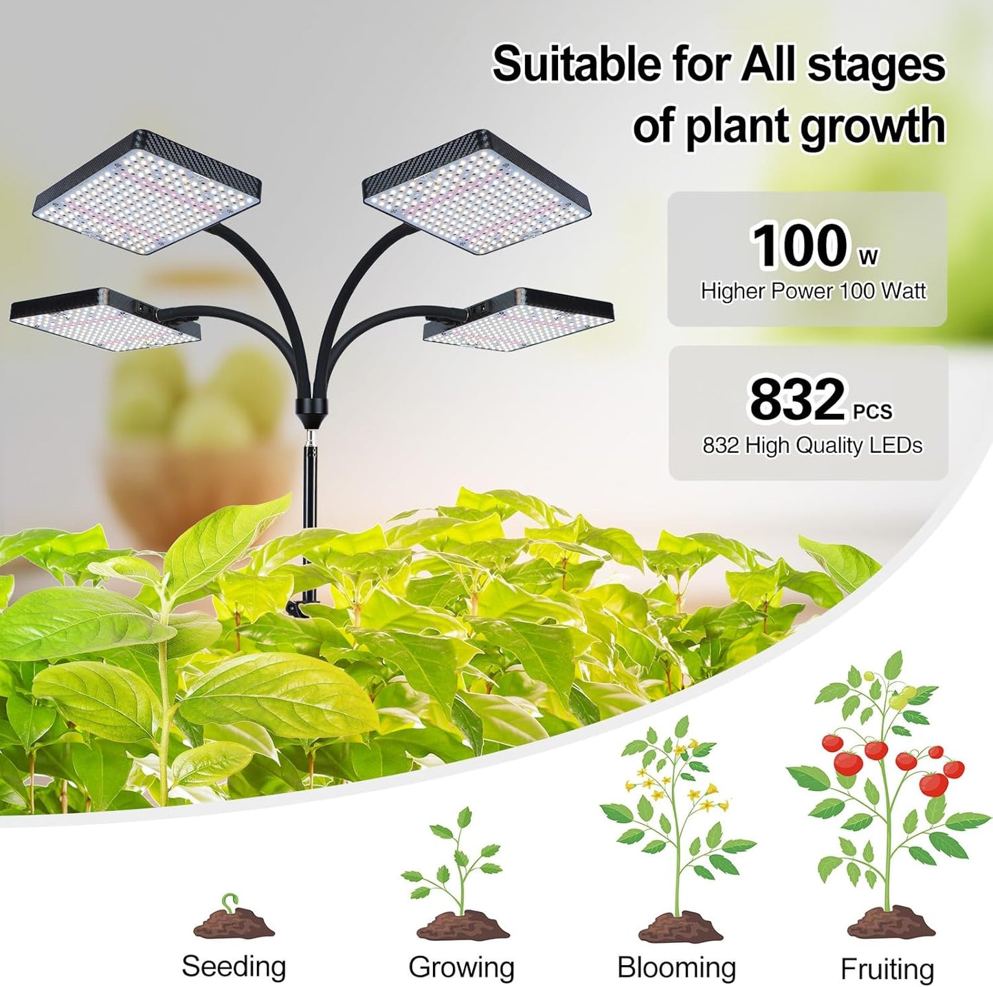 Grow Light with Stand, Orchbloom Grow Lights for Indoor Plants 100W, Natural Sunlight Full Spectrum Plant Growing Lamps for Houseplants & Bonsai Tree, 4/8/12 Hr Timer Plant Light Auto On/Off Everyday