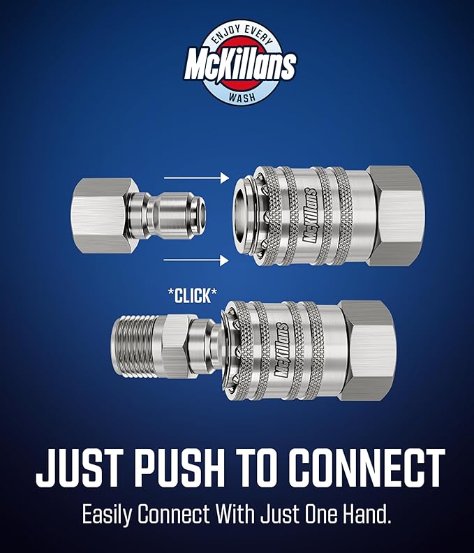 McKillans® 3/8" NPT Automatic Pressure Washer Quick Connect Kit of 4 - Stainless Steel - 3/8" Pressure Washer Quick Connect Fittings - Power Washer NPT 3/8" - PUSH-TO-CONNECT - Upgraded Viton O-Rings
