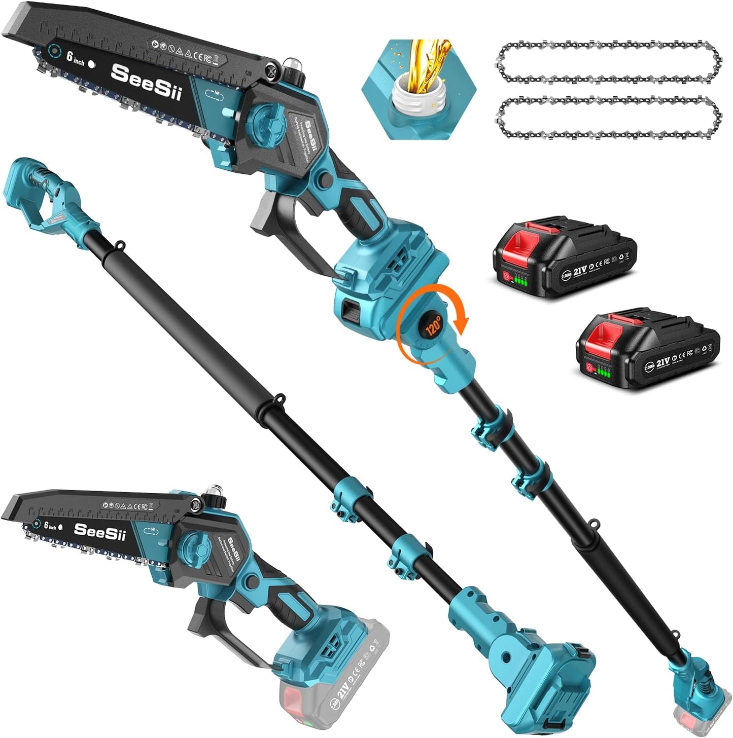 SEESII PS620 2-in-1 Electric Pole Saws: 6 Inch Mini Chainsaw Cordless with Extension Pole, 2Pcs Batteries, Brushless Chain Saw for Limb Branch Cutter, Battery Tree Trimmers Pruner,16Ft Long Reach