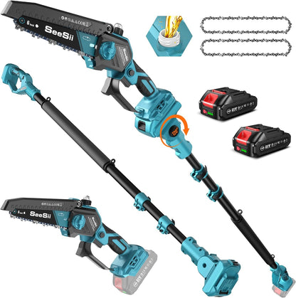 SEESII PS620 2-in-1 Electric Pole Saws: 6 Inch Mini Chainsaw Cordless with Extension Pole, 2Pcs Batteries, Brushless Chain Saw for Limb Branch Cutter, Battery Tree Trimmers Pruner,16Ft Long Reach