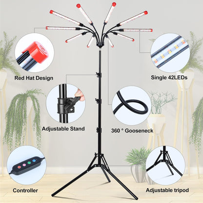 10Head Grow Lights for Indoor Plants, Seed Starting, Vegetables, Bonsai with Tripod Stand and Auto On/Off Timer 4/8/12H, 90W Power Full Spectrum Standing LED Plant Growing Lamps, 360° Gooseneck