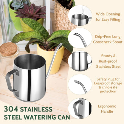 Small Watering Can for Indoor Plants - 12 oz Mini Indoor Watering Can with Long Spout Gooseneck Rust-Proof Stainless Steel Tiny Watering Kettle for Small House Plants
