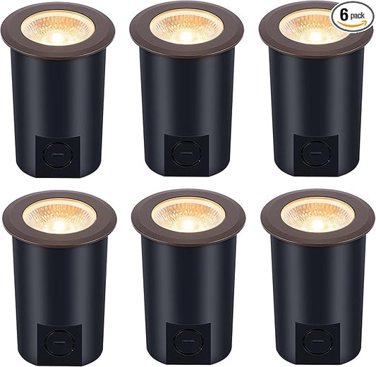[6 Pack] CLOUDY BAY 9W LED Landscape Well Lights,2700K/3000K/3500K/4000K/5000K Selectable,Low Voltage 12V/24V Ground Lighting,Waterproof Outdoor In Ground Lights for Uplights,Bronze