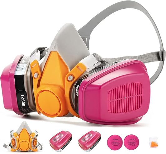 RANKSING Respirator Mask with Filters and Glasses to Against Dust Gases Fumes in Painting Spraying Sanding Orange/Pink