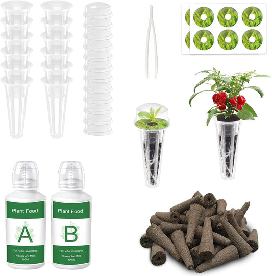 51Pcs Hydroponic Pods Kit: Compatible with Aerogarden Hydroponics Growing System Kit, 12 Grow Baskets, 12 Pod Labels, 12 Grow Domes, 12 Grow Sponges, with 200ml Plant Food Nutrient,1 Tweezers