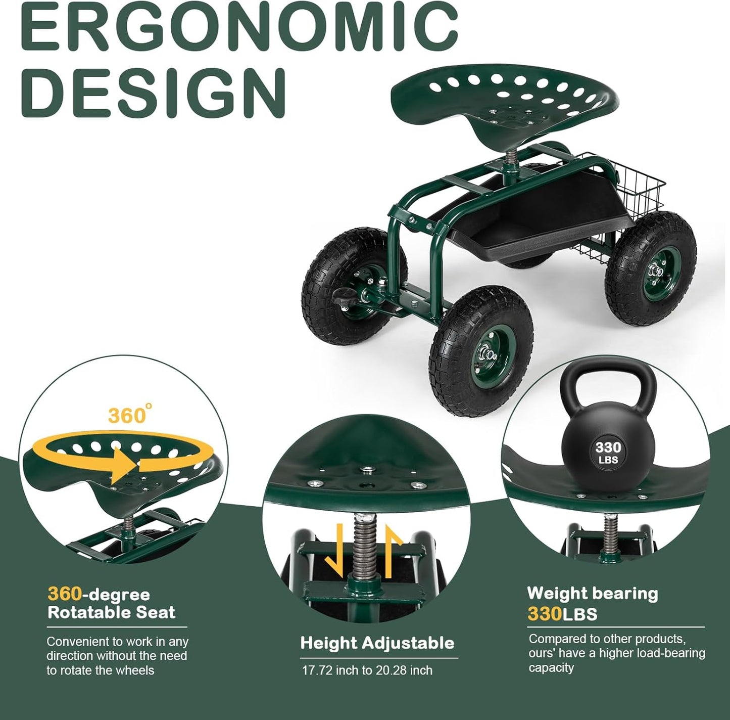 Outvita Garden Cart Gardening Workseat w/Wheels, Rolling Work Seat with Adjustable 360 Degree Swivel Seat, Basket and Tool Tray, Patio Wagon Scooter for Lawn Yard Outdoor Planting（Green）