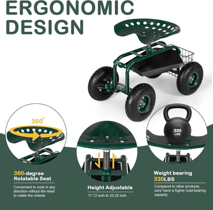 Outvita Garden Cart Gardening Workseat w/Wheels, Rolling Work Seat with Adjustable 360 Degree Swivel Seat, Basket and Tool Tray, Patio Wagon Scooter for Lawn Yard Outdoor Planting（Green）