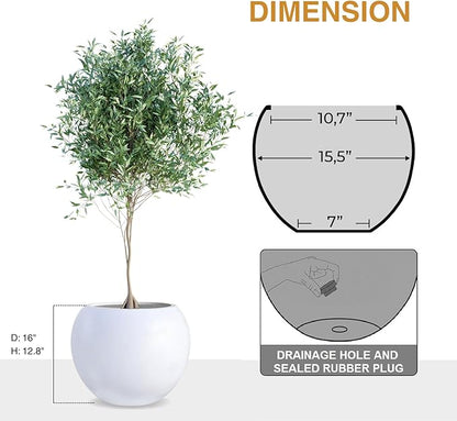 12.8" H x 16" D Globo Fiberstone Round Planter with Drainage Hole, Weather Resistant, Smooth Finish, Planters for Indoor Plants & Outdoor, 2 Extra Coco Mats (White, 10.7" Pot Opening)