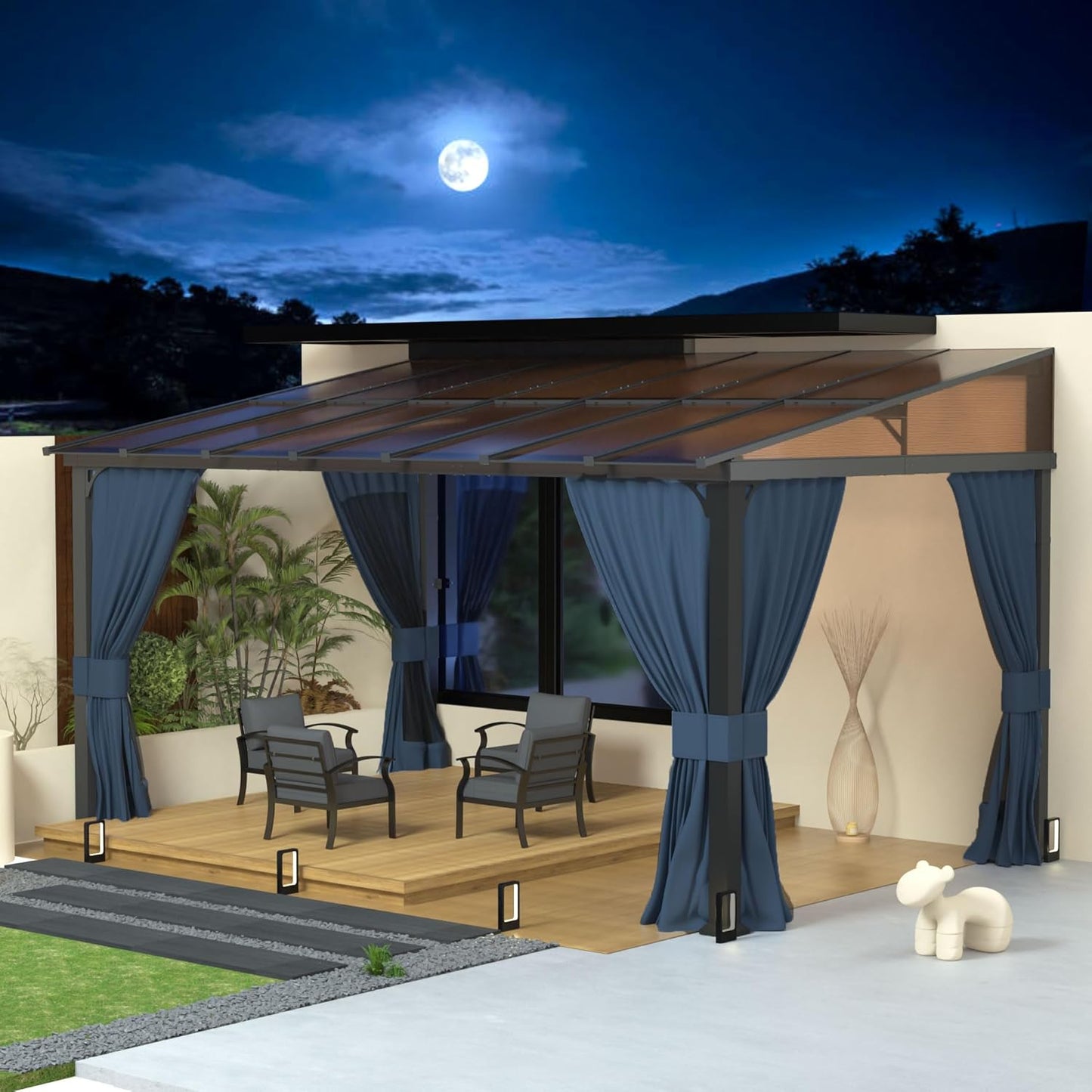 10' x 14' Gazebo，Hard Top Lean to Gazebo Wall Mount Heavy Hardtop Gazebos Outdoor Pergola with Curtains and Netting for Patio Garden Lawn Backyard Deck (Navy)