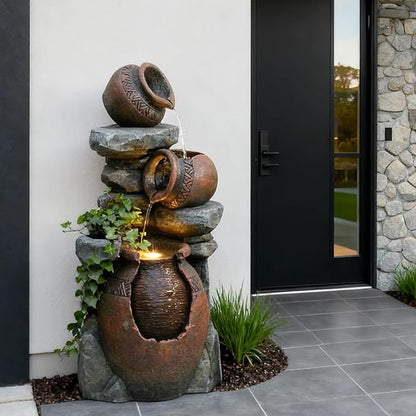 Outdoor Garden Water Fountain for Garden, Patio, Backyard, Deck, Porch and Home Art Decor, 3 Tiers Modern Cascading Outdoor Fountain with Lights 38.4" H