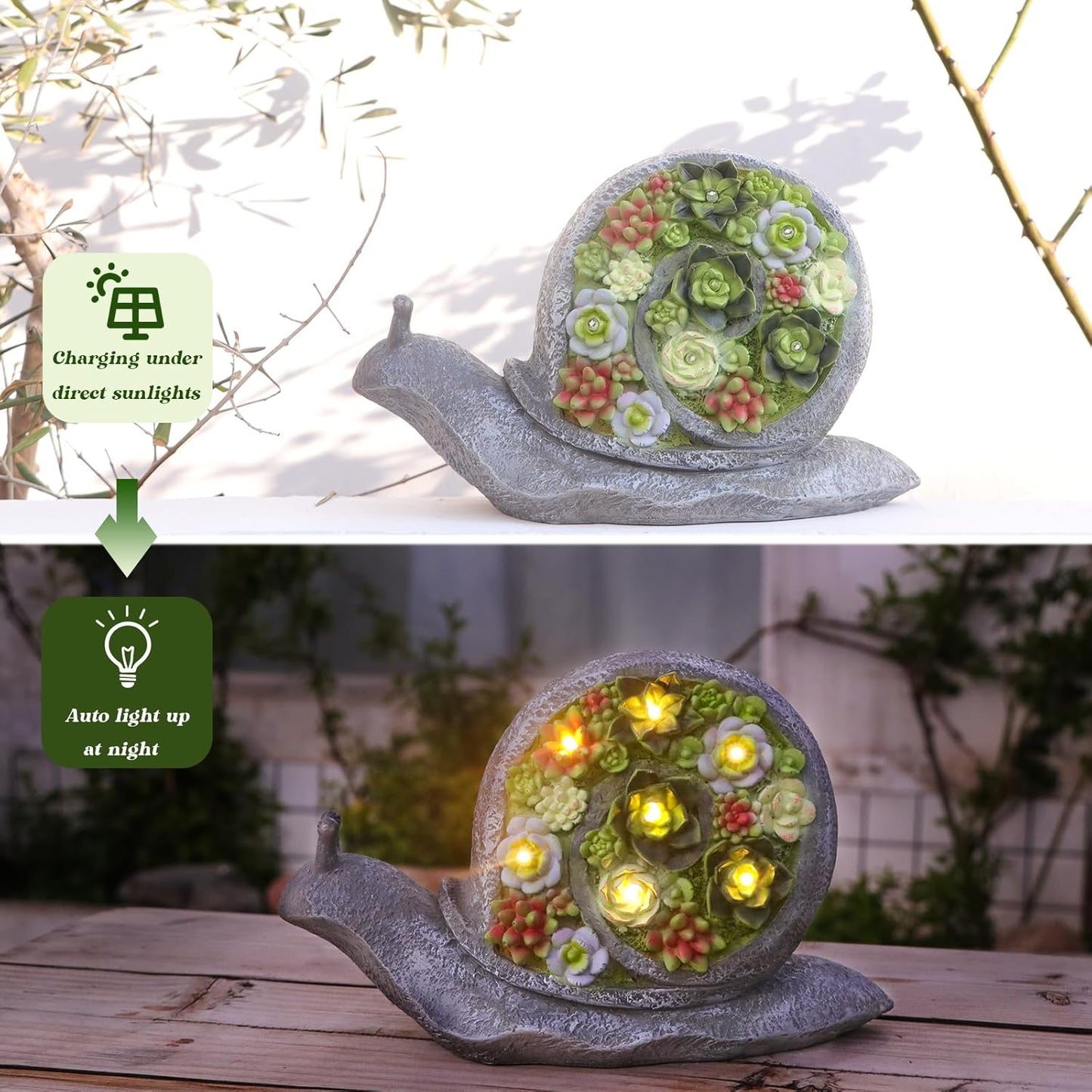 Solar Garden Statues Snails Figurine with Succulent and LED Lights - Garden Snails Statues Decorations for Yard, Outside, Patio, Balcony - Gardening Housewarming Birthday Gifts