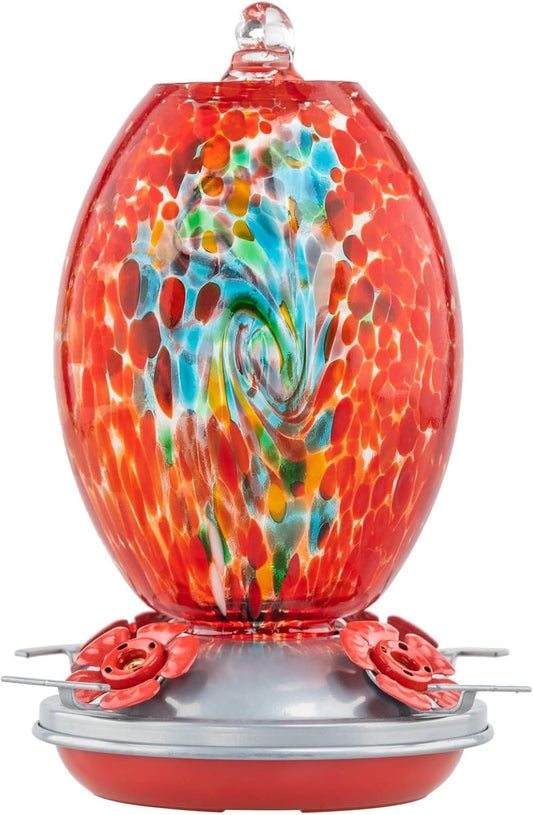 Muse Garden Glass Humming Bird Feeders for Outdoors - 27OZ Blown Glass Hummingbird Feeder - Unique Gift for Mom Women Grandparents, Outdoors Hanging Garden Decor, Includes Ant Moat & Brush, Red Swirl