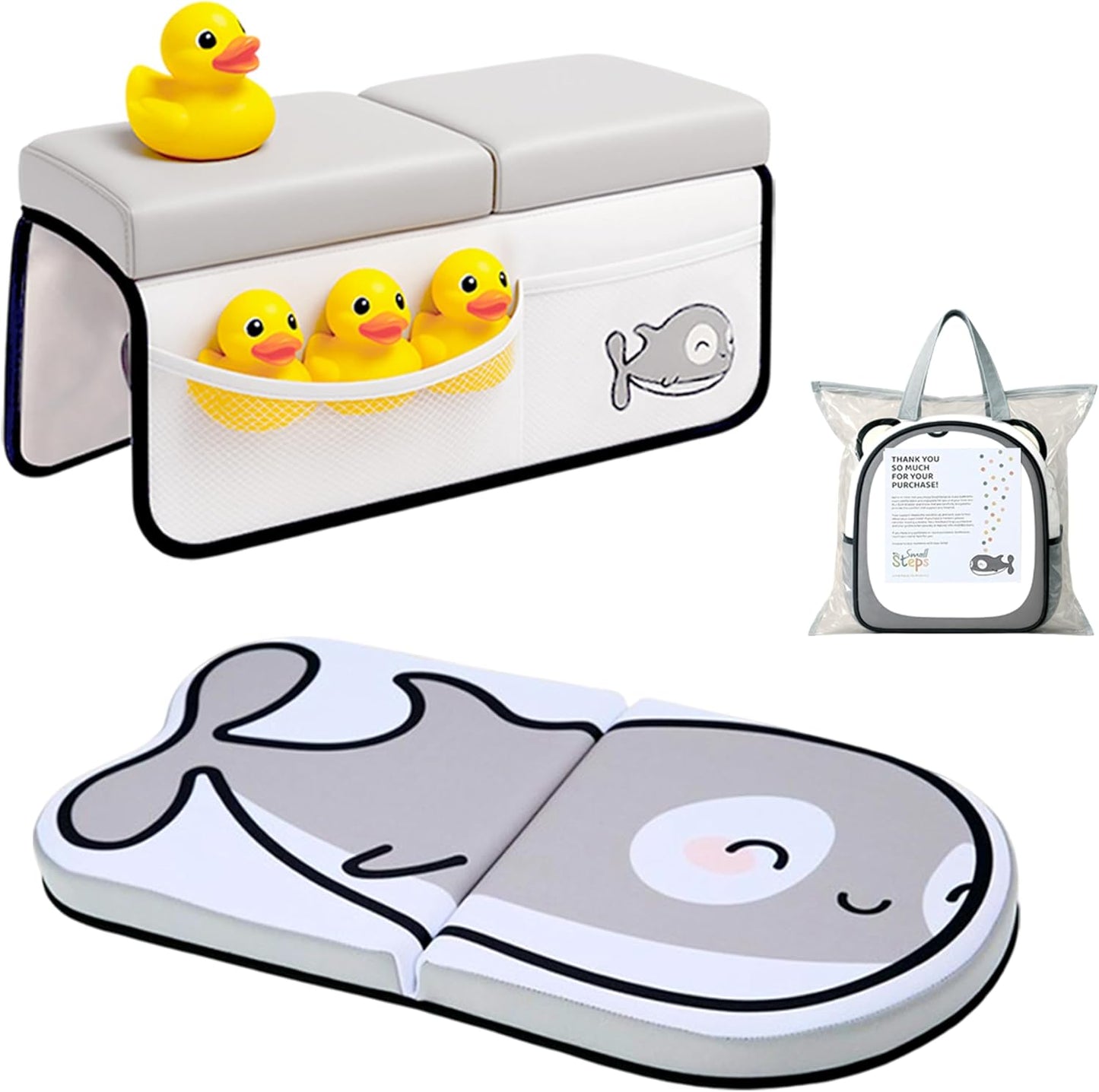 Small Steps Bath Kneeler and Elbow Rest Pad Set – Ergonomic Baby Bath Kneeling Pad with Memory Foam and Non-Slip Design – Orca-Themed Comfort with Handy Pockets for Bathing Babies and Kids