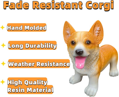 Resin Corgi Statue - Hand Painted & Fade Resistance & Weatherproof- Long Durability for Indoor and Outdoor - Garden Ornament