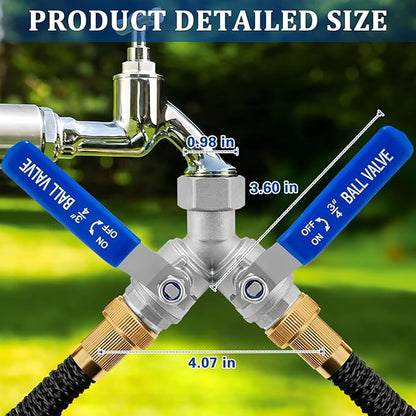 304 Stainless Steel Garden Hose Splitter 2 Way Heavy Duty, Full Flow Water Hose Splitter with Long Handle, Lead-Free, 3/4" GHT Thread, with 2 Washers, 1 Tape & Wrench