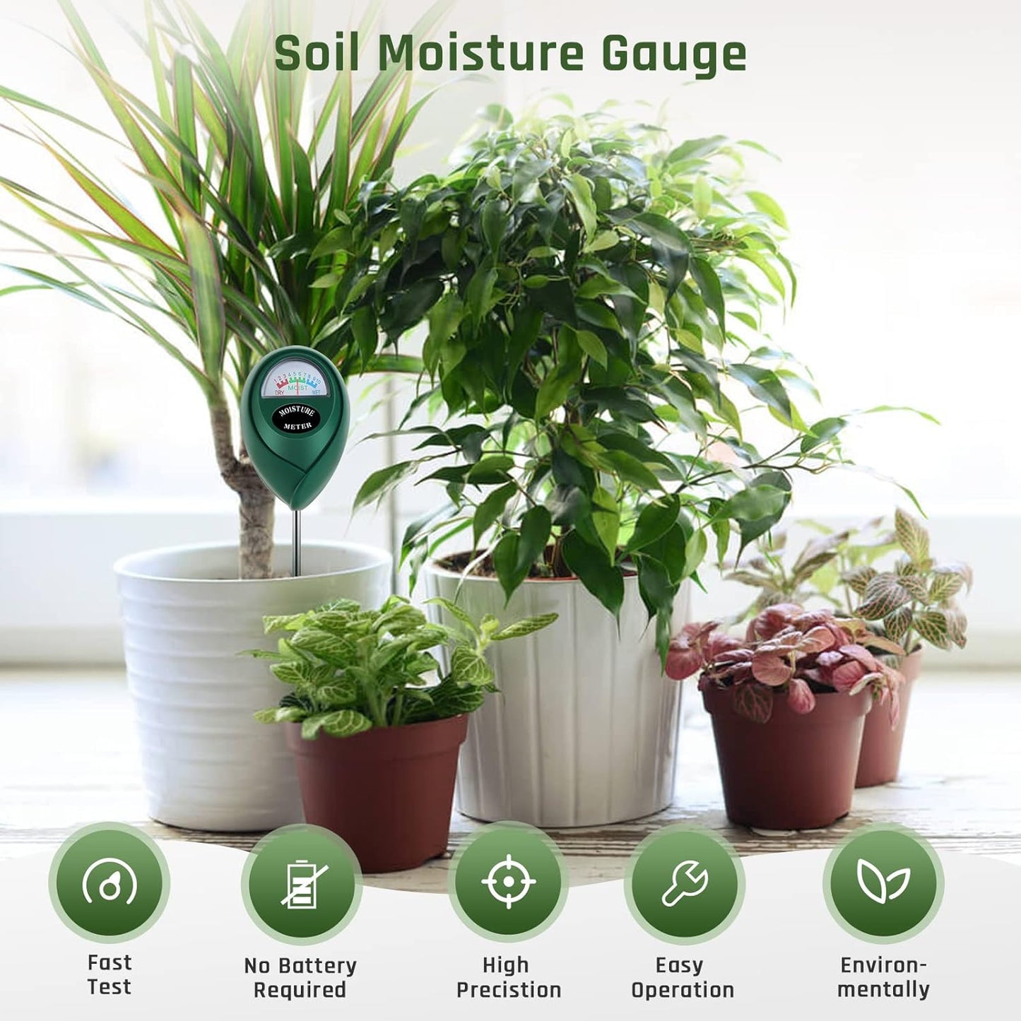 Plant Moisture Meter, Plant Water Meter, Soil Moisture Meter for House Plants for Garden, Lawn, Farm, Indoor & Outdoor Use, No Batteries Required (2 Packs Green)