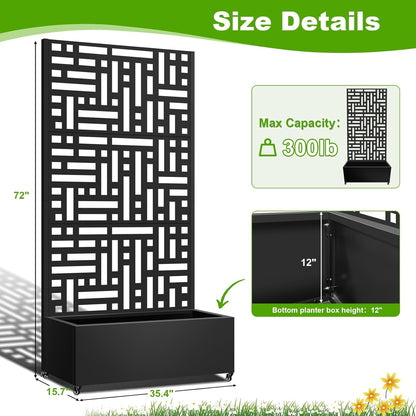 Metal Planter Box with Trellis, 72"x35"x16" Metal Raised Garden Bed with Trellis, Planter Box with Drainage Holes & Lockable Casters for Climbing Plants, Vegetables, and Vines