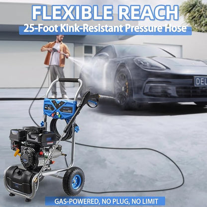 Gas Pressure Washer 3500PSI, 209CC 2.3GPM Gas Power Washers with 25FT Hose, 4 Quick-Connect Nozzles, Soap Tank, Axial Pump, Commercial High Pressure Washers Gas Powered for Car Driveway Wall