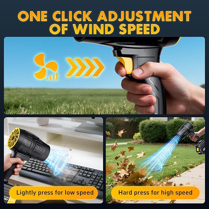 Electric Leaf Blower Cordless with 21V 2 * 3000mAh Batteries and Charger, 400,000RPM Handheld Battery Powered Leaf Blower, One-Touch Speed Adjustment, Lightweight Turbo Blower for Yard, Patio,Garage