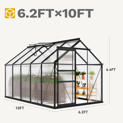 DWVO 6x10FT Polycarbonate Greenhouse Heavy Duty Green Houses Outdoor Aluminum Greenhouses with Sliding Doors Vent Window Walk-in Greenhouse Large Sun House for Garden Backyard, Black