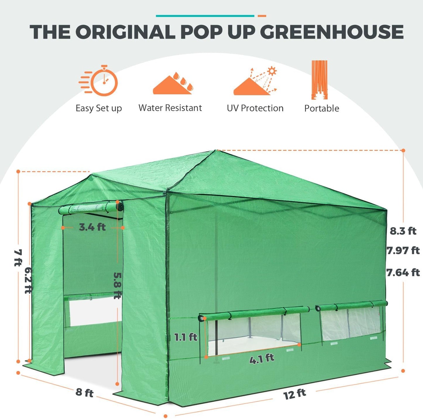 EAGLE PEAK Instant Pop-up Greenhouse, Indoor Outdoor Plant Gardening Green House, Roll-Up Zipper Doors & Side Windows - Winter Support Pole, Walk in 12x8 ft, Green/Clear