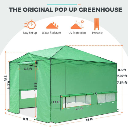 EAGLE PEAK Instant Pop-up Greenhouse, Indoor Outdoor Plant Gardening Green House, Roll-Up Zipper Doors & Side Windows - Winter Support Pole, Walk in 12x8 ft, Green/Clear