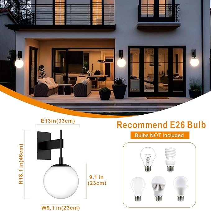 Hyunbae Outdoor Wall Sconce, 18.9" Large Size Wall Light, Exterior Light Fixtures Wall Mount for House, Globe Glass Front Porch Lights, Waterproof Outside Lighting Sconce Lamp with E26 Base