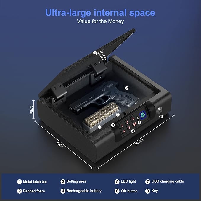 Biometric Gun Safe for Pistols 3-Ways unlock Fingerprint Digital PIN Key Unlock Handgun Safe with Sound, Lock box for Cloakroom living room Bedroom Nightstand and Car BILLCONCH