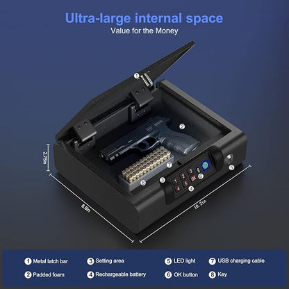 Biometric Gun Safe for Pistols 3-Ways unlock Fingerprint Digital PIN Key Unlock Handgun Safe with Sound, Lock box for Cloakroom living room Bedroom Nightstand and Car BILLCONCH